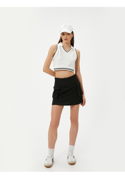Koton Polo Yaka Crop Üst Kolsuz Çizgili Pamuklu Ekru 4sal30134ık Ekru