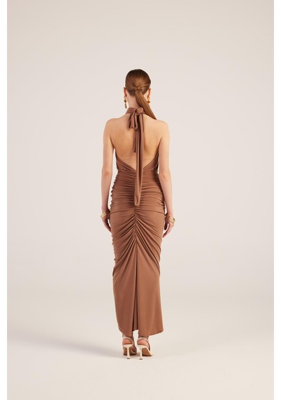 Holly Lolly Drape Detaylı Sırtı Açık Yırtmaçlı Uzun Marie Elbise Kahve