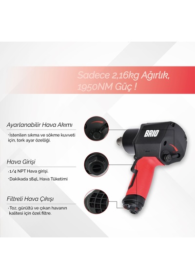 Brio Havalı Somun Sökme 1/2 1950 Nm çift Çekiç 2.16 Kg