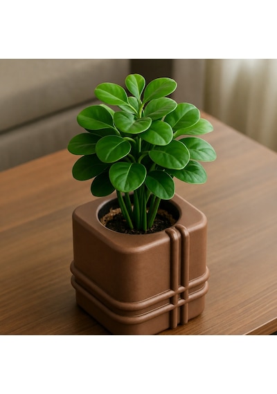 3d Baskı Square Planter - Izgara Desenli Küp Saksı-kahverengi