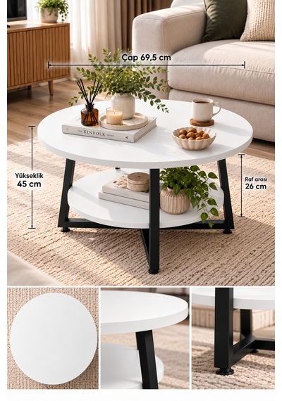 Yuvarlak Orta Sehpa 69,5 Cm İki Katlı Raflı Metal Ayaklı Modern Dekoratif Salon Sehpası Beyaz Yuvarlak Orta Sehpa 69,5 Cm İki Katlı Raflı Metal Ayaklı Modern Dekoratif Salon Sehpası Beyaz