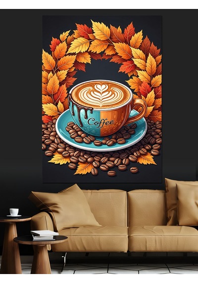 Ahşap Tablo Güz Yaprakları Ve Latte Sanatlı Fincan Kahve