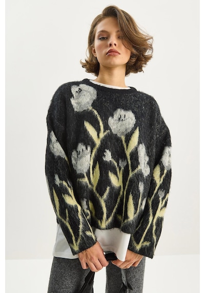 Shade Kadın Bisiklet Yaka Çiçek Desenli Şardonlu Oversize Triko Kazak 4915 60283587 - Siyah