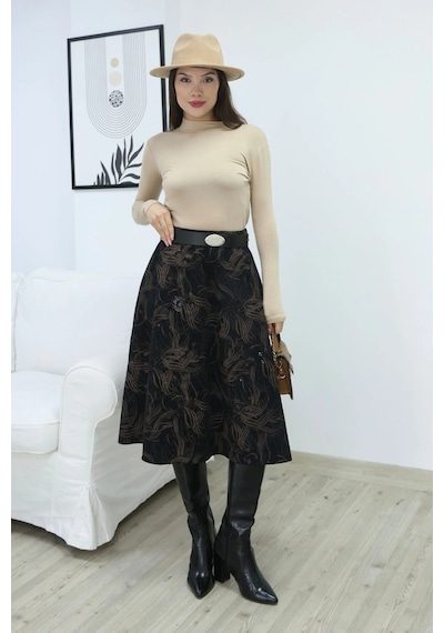 Lodmela Baskılı Ve Kemerli Kadife Etek 6069-siyah/camel Siyah/camel