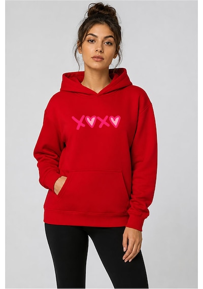 Herkesemoda Xoxo Baskılı Kapüşonlu 2 İplik Şardonlu Sweatshirt Kırmızı