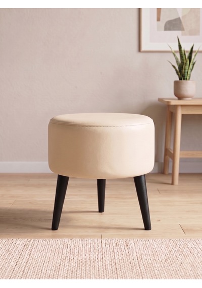 Modern Krem Deri Puf Tabure Ahşap Siyah Ayaklı Yuvarlak Puf 40x42 Cm