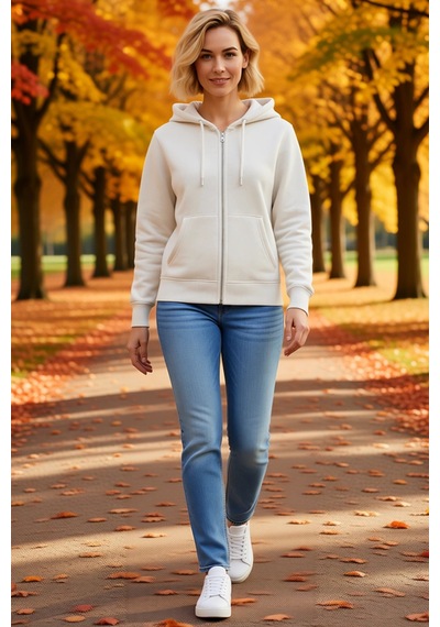 Ersefa Kadın Üç İplik Kapüşonlu Tam Fermuarlı Sweatshirt Hoodie Metal Fe beyaz