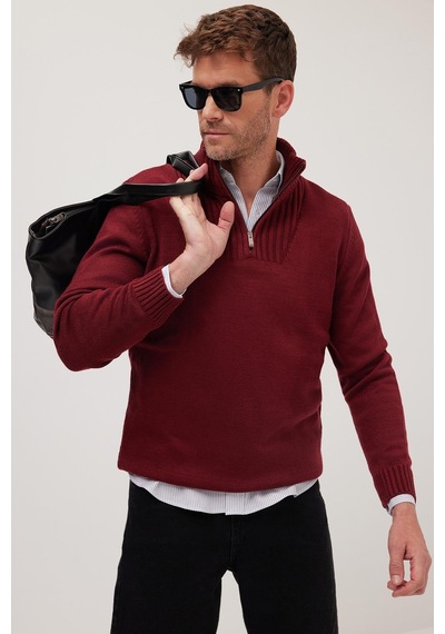 Tudors Erkek 3'lü Paket Zümrüt Yeşili-bordo-yeşil Slim Fit Dar Kesim Fermuarlı Dik Yaka Triko Kazak-41827 Çok Renkli