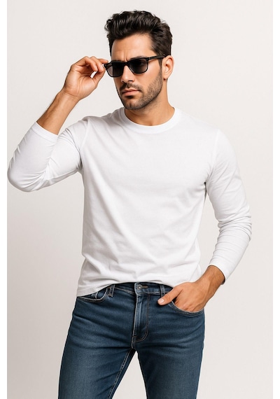 Erkek Bisiklet Yaka Beyaz Body %100 Pamuk Uzun Kollu Tişört Erkek Düz T-shirt 6012