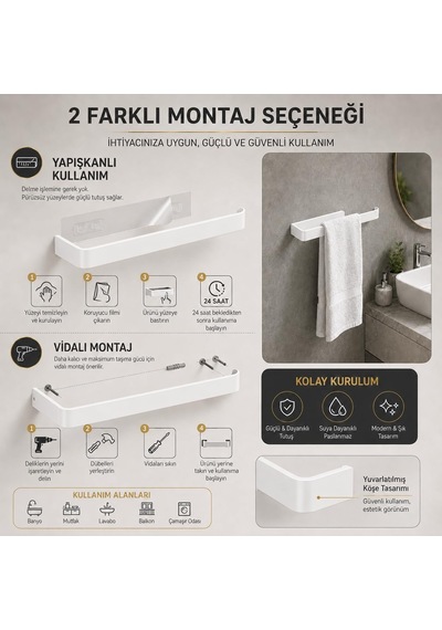 Beyaz Lamalı Havlu Askısı, Paslanmaz Çelik Banyo Havluluğu, Hem Yapışkanlı Hem Vidalı Montajlı, Duvar Tipi Modern Havlu Barı