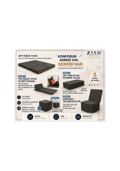 Zishome Tek Kişilik Multipurpose 5 İn 1 Antrasit Çift Kişilik Katlanır Süngerli Misafir Yer Yatağı Ve Balkon Minderi 7cm