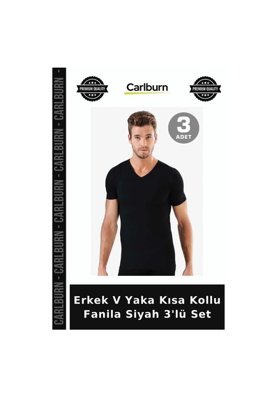 Carlburn Delux Serisi Erkek V Yaka Kısa Kollu Fanila Siyah 3'lü Set Alt Giyim Yazlık Ev Giyimi