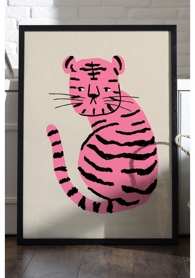 Pembe Leopar Ahşap Çerçeveli Poster, Dekoratif Hayvan Duvar Tablosu