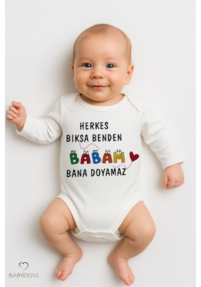 Babyden's Herkes Bıksa Benden, Babam Bana Doyamaz Yazılı %100 Pamuk Zıbın Uzun Kollu Çıtçıtlı Bebek Body Beyaz