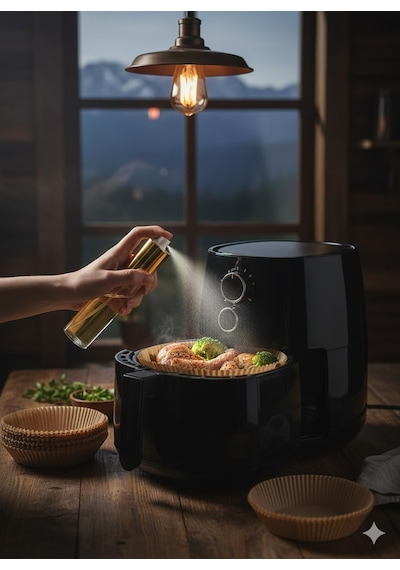 Yağ Püskürtücü Sprey Ve 50 Li Airfryer Kağıdı Seti Yapışmaz Pişirme Kağıdı + Sprey Yağ Şişesi