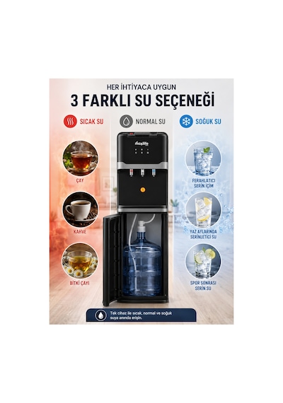Maxilife PS-SLR-818 Aqua Kompresörlü Alttan Damacanalı Çocuk Kilitli Sıcak Soğuk Normal Su Sebili Siyah