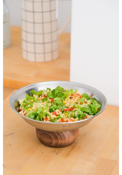 Ahşap Ayaklı Çelik 21 Cm Salata Kısır Meyve Sunum Tabağı Metalik - 702258491 Metalik