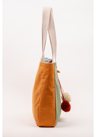 Fabric Craft Bag Omuz Çantası Kadın Duck Kumaş Desenli Büyük Boy Günlük Çanta Turuncu - Yeşil