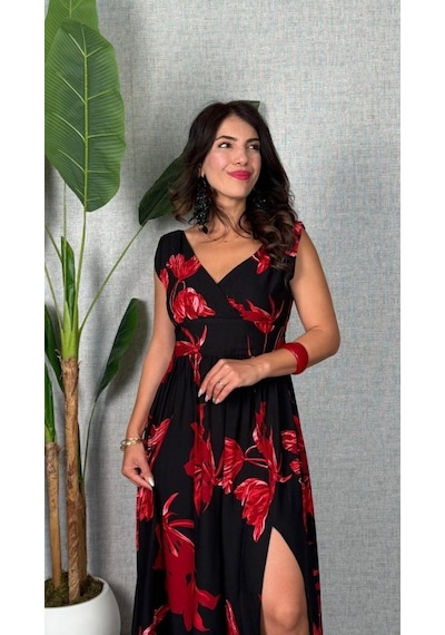 De'charme Kadın Askılı Kruvaze Yakalı Geniş Kesim Detaylı Yırtmaclı Uzun Süprem Elbise Kırmızı De'charme Kadın Askılı Kruvaze Yakalı Geniş Kesim Detaylı Yırtmaclı Uzun Süprem Elbise Kırmızı