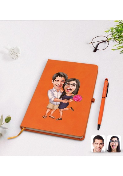 Kişiye Özel Sevgililer Karikatürlü Turuncu Termo Deri Defter Kale N11.2259