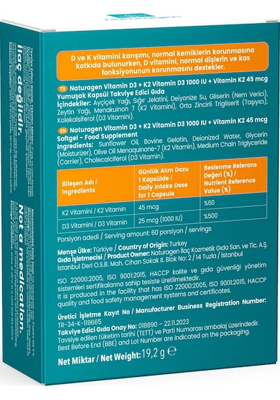 Naturagen Vitamin D3 + K2 1000 IU 60 Kapsül