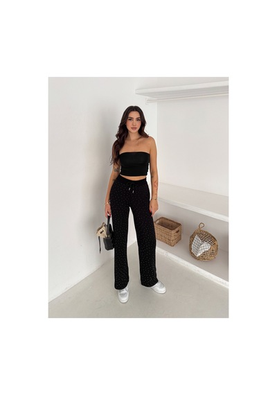 Gugus Kadın Bol Paça Modal Eşofman Altı Taşlı Wide Leg Model Siyah