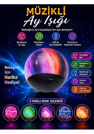 Çocuk Odası Bebek Odası Gece Lambası Hoparlör Bluetoothlu Yıldız Ve Okyonus Projeksiyon Gece Lambası Ahşap Standlı Kumandalı Müzikli Galaksi Ay Işığı