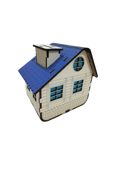 Kişiye Özel Dekoratif Ahşap Mavi Dağ Evi Kumbara -Tipbox