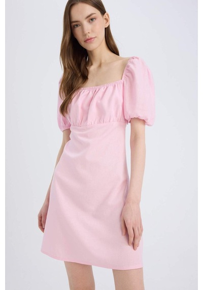 Defacto Kare Yaka Keten Karışımlı Kısa Kollu Mini Elbise D8272ax25smpn663 Pembe-pn663