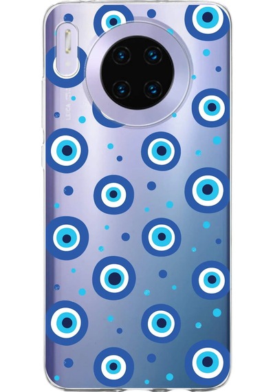 Huawei Mate 30 İle Uyumlu 1mm Slim Fit Nazar Boncuğu 1 Baskılı Şeffaf Kılıf Şeffaf