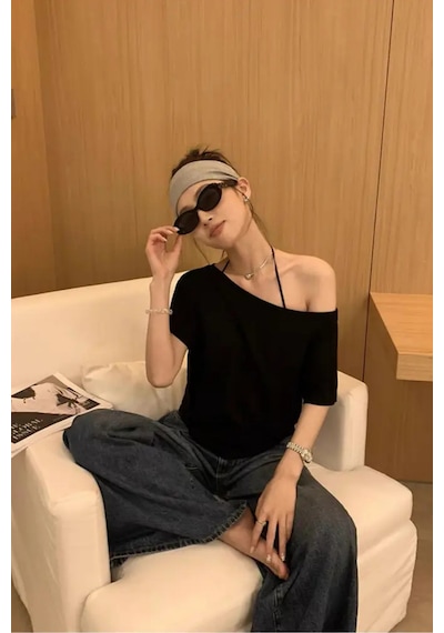 Siyah 5li Paket Kadın Düşük Omuz Kayık Yaka Oversize T-shirt Siyah - Siyah - Siyah - Siyah - Siyah