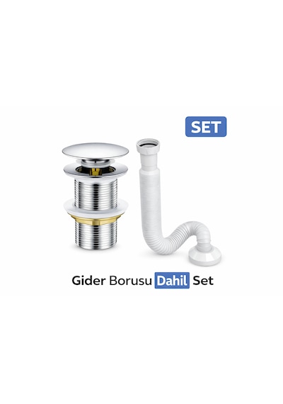 Lavabo Pop-up Gider Süzgeci Paslanmaz Çelik & Pirinç Gövde, Gider Borusu Dahil Set Metalik