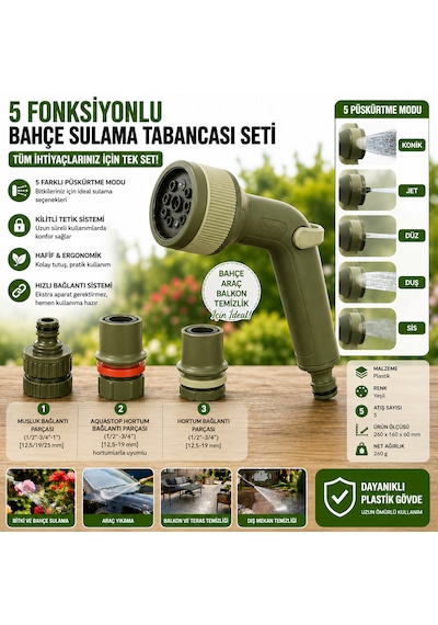 5 Fonksiyonlu Bahçe Sulama Tabancası Seti Musluk Bağlantılı Aquastoplu Çok Amaçlı Püskürtme Tabancası Yeşil 4 Parça