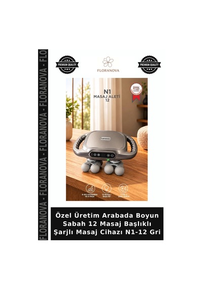 Özel Üretim Arabada Boyun Sabah 12 Masaj Başlıklı Şarjlı Masaj Cihazı N1-12 Gri