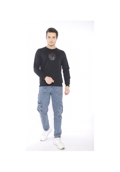 Escetic Erkek Spor Slimfit, Bisiklet Yaka Siyah Sweatshirt-4264 Siyah