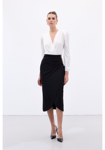 Sateen Düğme Detaylı Kalem Etek - Siyah-136776 Siyah