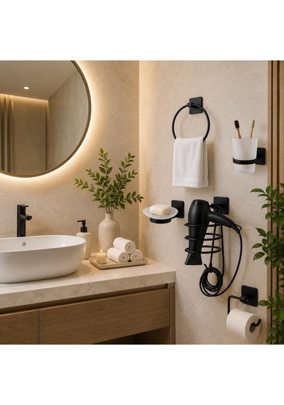 Yapışkanlı Banyo Aksesuar Seti,fön Makinesi Tutacağı,tuvalet Kağıdı Askısı,sabunluk,diş Fırçalık,yuvarlak Havlu Askısı Set1 Diğer