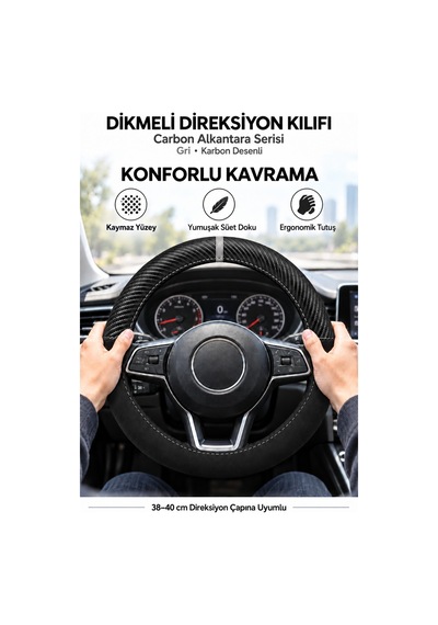 Trobus Dacia Spring 2021-2025 Uyumlu Dikmeli Direksiyon Kılıfı Carbon Alkantara Karbon Desenli Gri