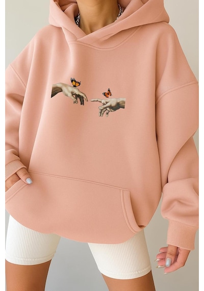 Benroma 3 İplik Penye El Parmak Unisex Kapüşonlu Sweat Pembe