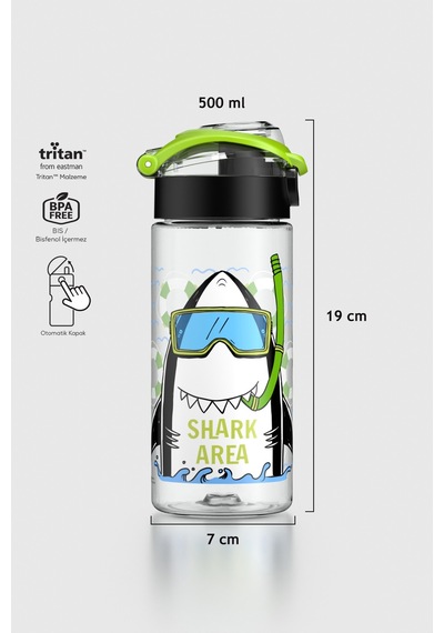 Renga Saga Shark Desenli 500 Ml Tritan Çocuk Matara 912014 Siyah-yeşil Siyah - Yeşil
