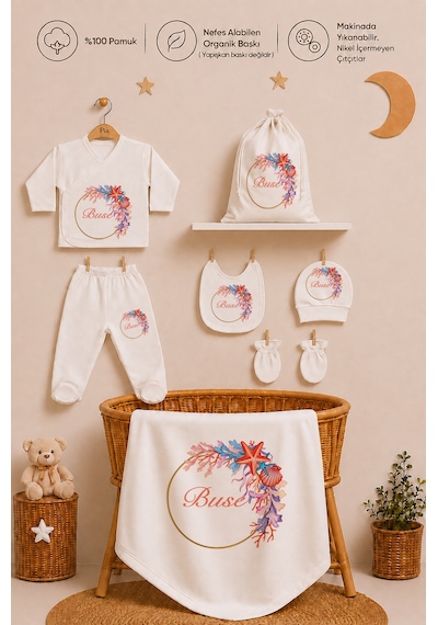 Pia Baby Kişiye Özel %100 Pamuk Kız Bebek Yastık Battaniye Zıbın Set Ve Kıyafet Kesesi 1037zybk0x Krem