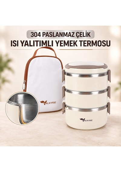 Valkyrie 3 Katlı 304 Paslanmaz Çelik Yemek Termosu Isı Yalıtımlı Sızdırmaz Sefer Tası Termal Çantalı Krem