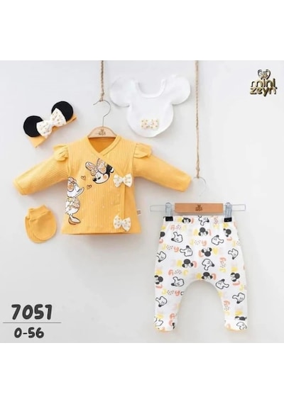 Yağmur Giyim Daisy Minnie Mause Desenli %100 Pamuk 5 Parça Hastane Çıkışı Seti Sarı 7051-s 0-3 Ay Renkli