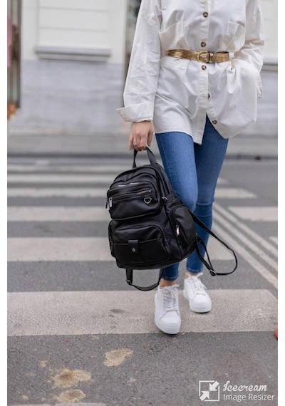 Mygeppetobag Yıkama Deri Kadın Sırt Çantası Siyah