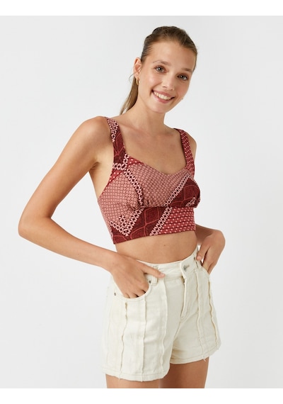 Koton Askılı Crop Atlet Bordo Desenli 2sak30107pw 2SAK30107PW04H