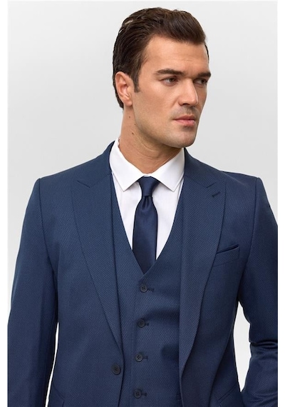 SÜVARİ Lacivert Slim Desenli Sivri Yaka 6 Drop Yelekli Takım Elbise Lacivert