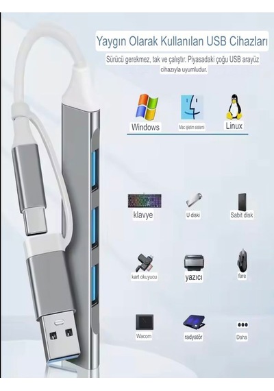 Alüminyum Metalik 4'ü 1 Arada Usb + Type-c Çevirici, Usb 3.0 Hızl