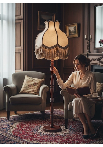 Vizon Kadife Başlık Koyu Vizon Süsleme Ahşap Ayaklı Lambader Vintage Prime Model 170x45cm