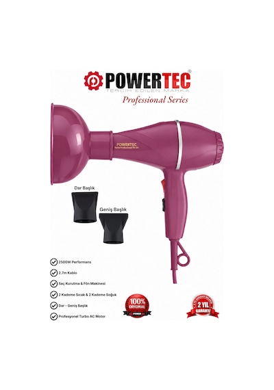 Powertec TR-501+Renkli Hacimlendirici Difüzör Başlıklı Profesyonel Saç Kurutma ve Fön Makinesi