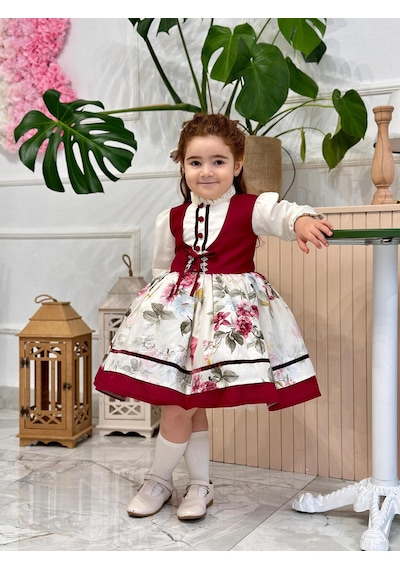 H L Y Karol Tasarım Krem Bordo Vintage Kız Bebek Elbisesi,doğum Günü,fotoğraf Çekim Elbise,0-10 Yaş Uygun KREM